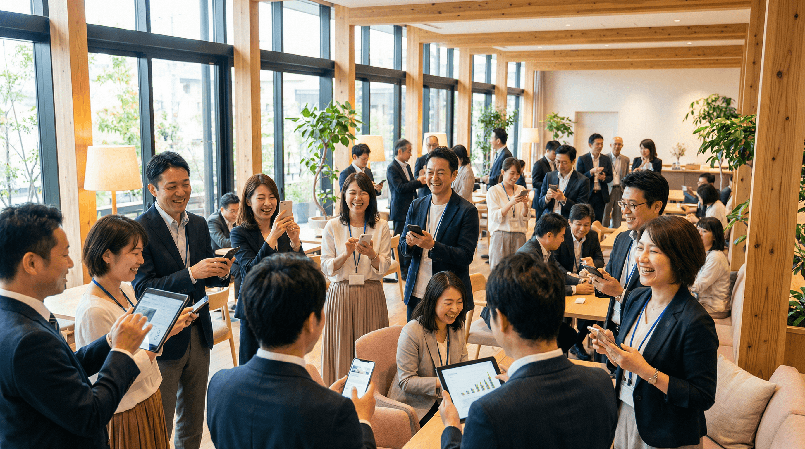 イベント会場で多くの人が楽しそうにスマホやタブレットを使っている様子