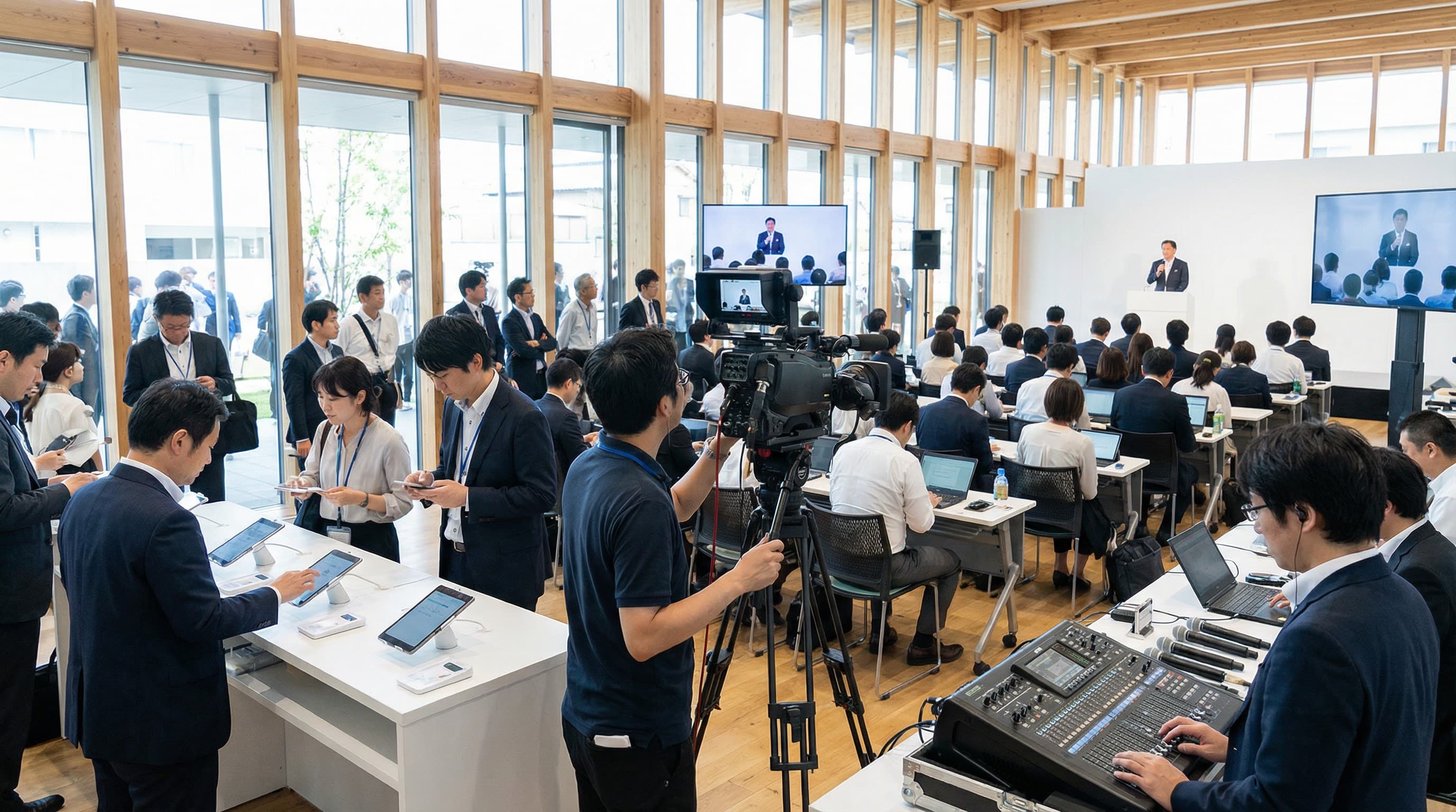 ライブ配信やオンラインセミナー、キャッシュレス決済端末を使用しているイベント風景