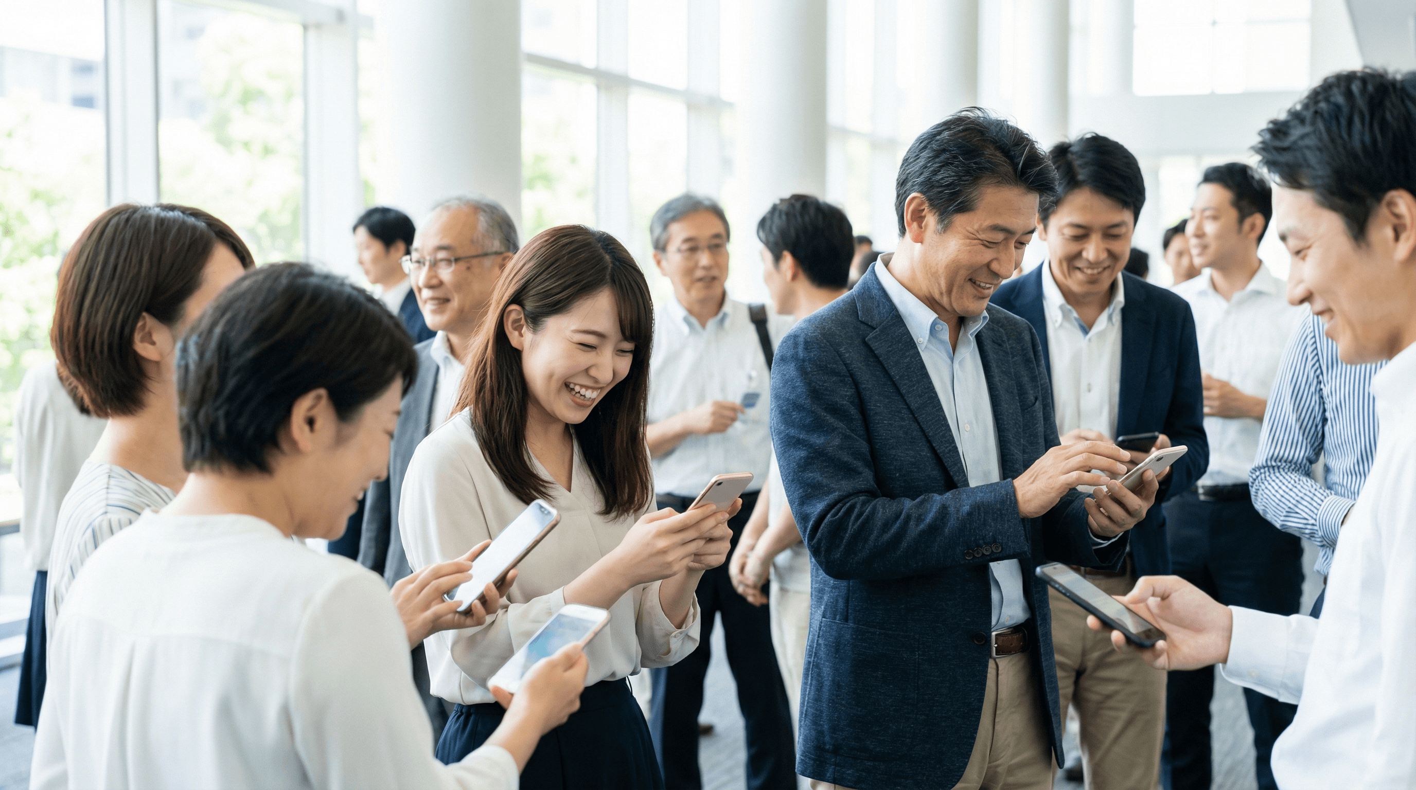 スマホで楽しそうにSNS投稿やアンケート回答をする参加者